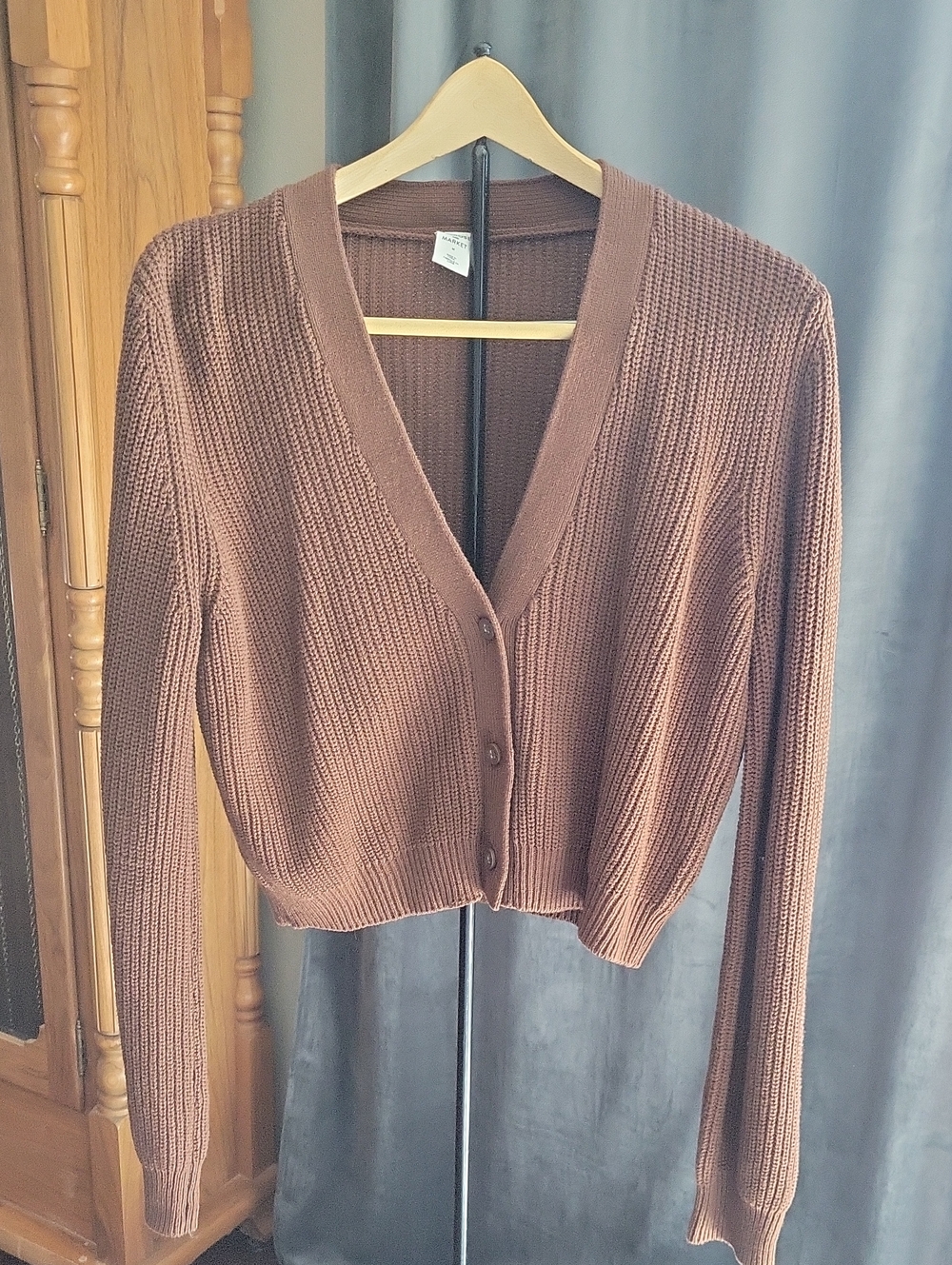 Brown V-Neck Ribbed Button Cardigan Sweater